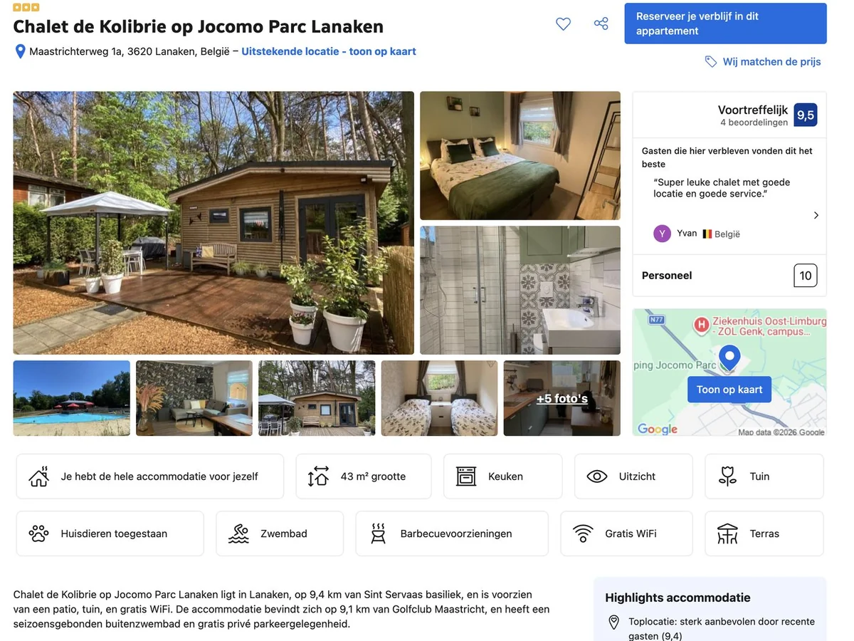 Booking.com-listing van Chalet de Kolibrie in Lanaken, opgezet door Hostly